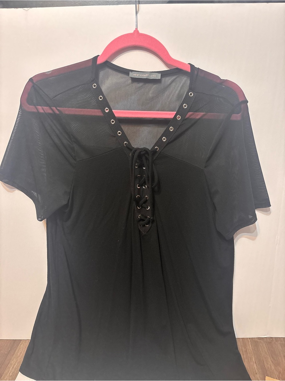 Black Lace-Up Mesh Yoke Top